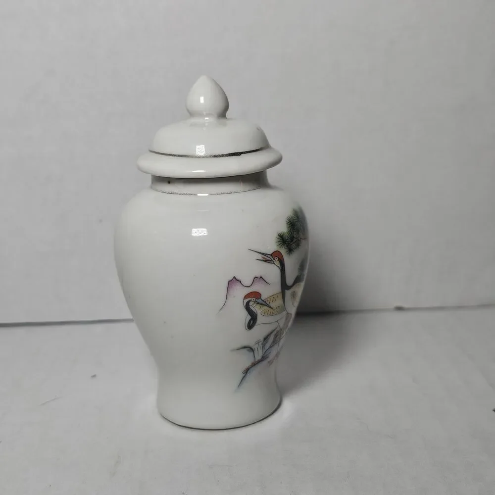Vintage Porcelain Ginger Jar with Lid & Crane Floral Decor Japan